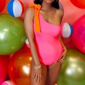 Pink One-Shoulder Swimsuit with Orange Bow